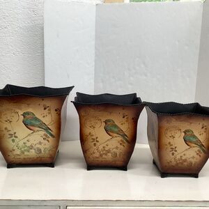 decorative metal planters set of 3 square shape w/feet bird branch stamp